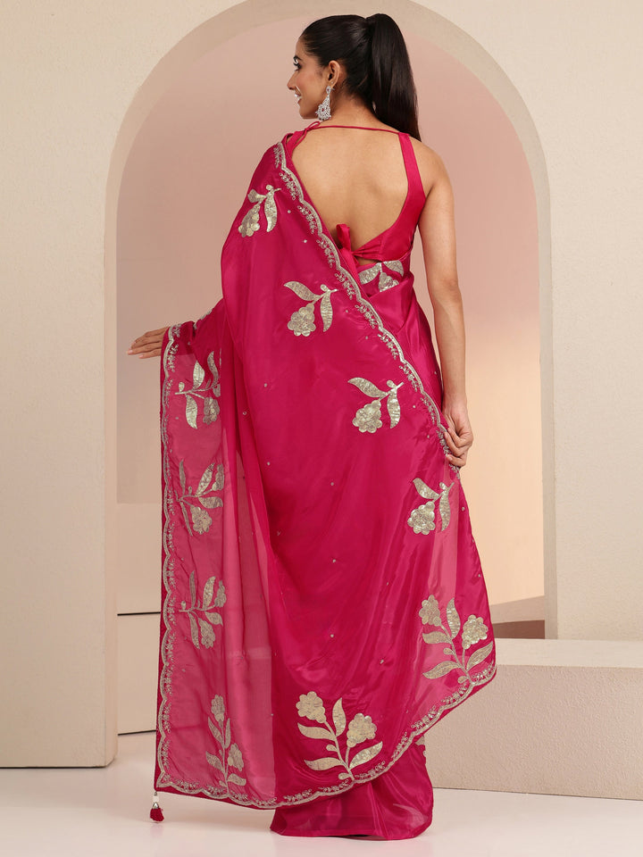 Libas Rani Pink Floral Embellished Satin Saree