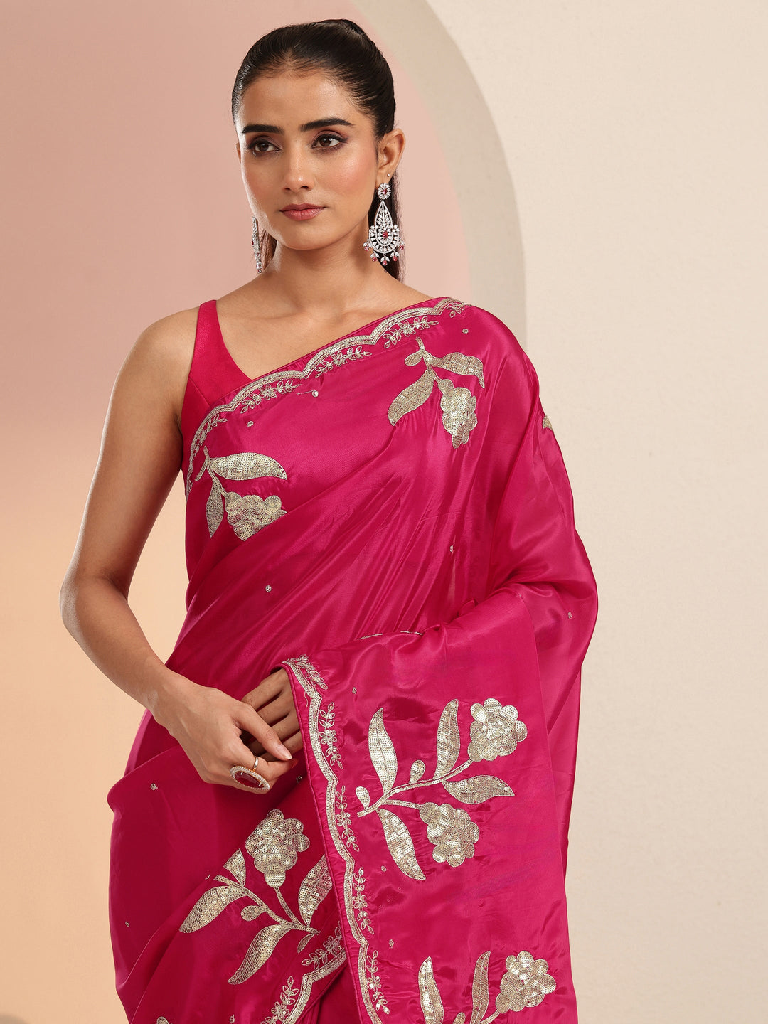 Libas Rani Pink Floral Embellished Satin Saree