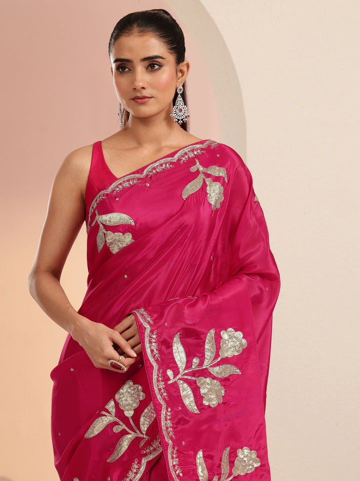 Libas Rani Pink Floral Embellished Satin Saree