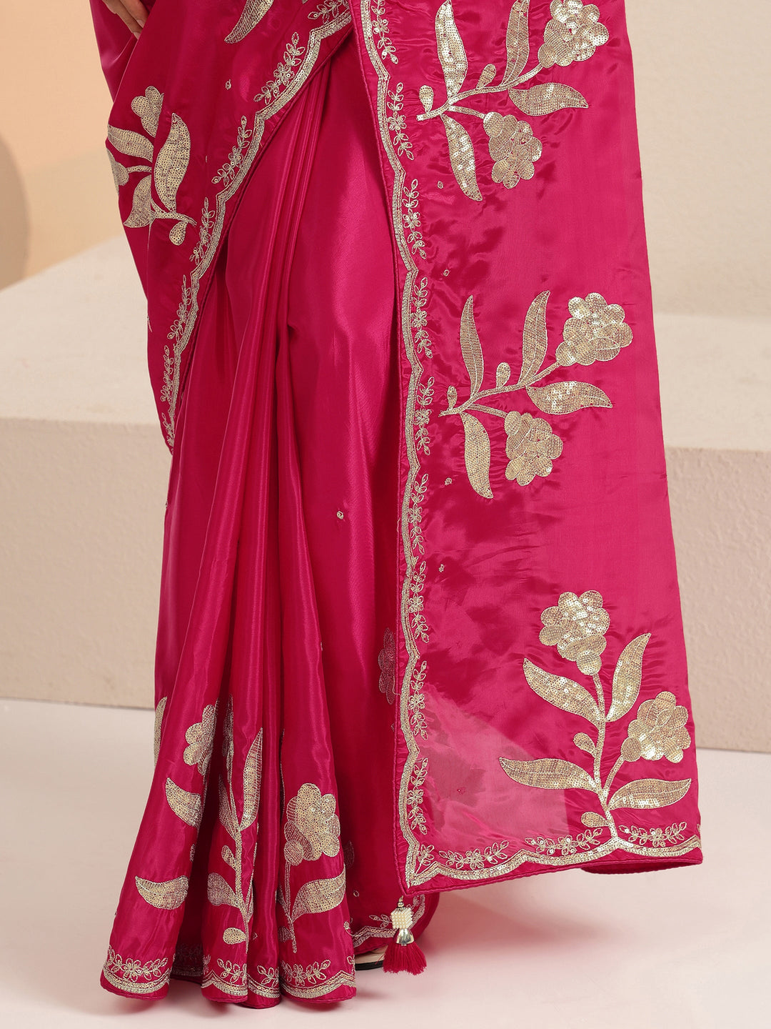 Libas Rani Pink Floral Embellished Satin Saree