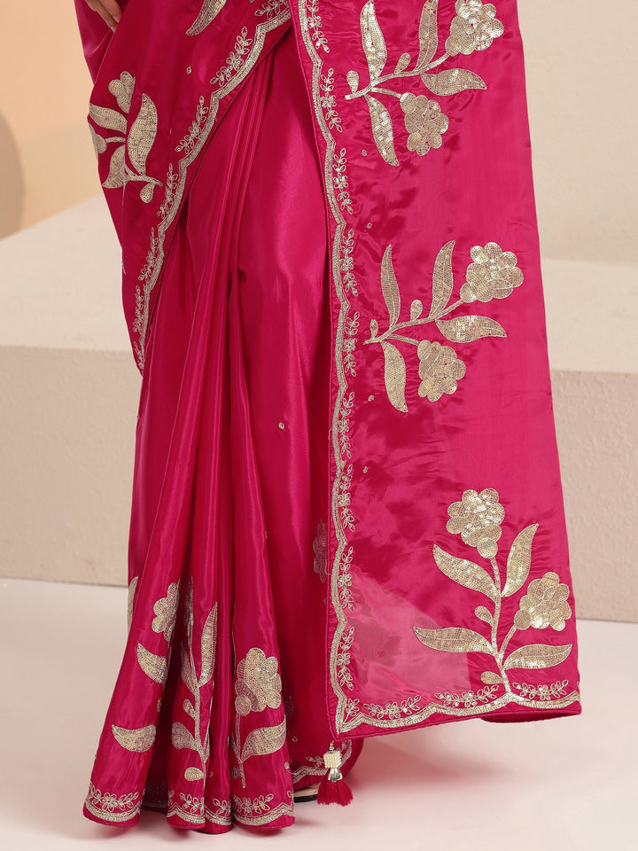 Libas Rani Pink Floral Embellished Satin Saree