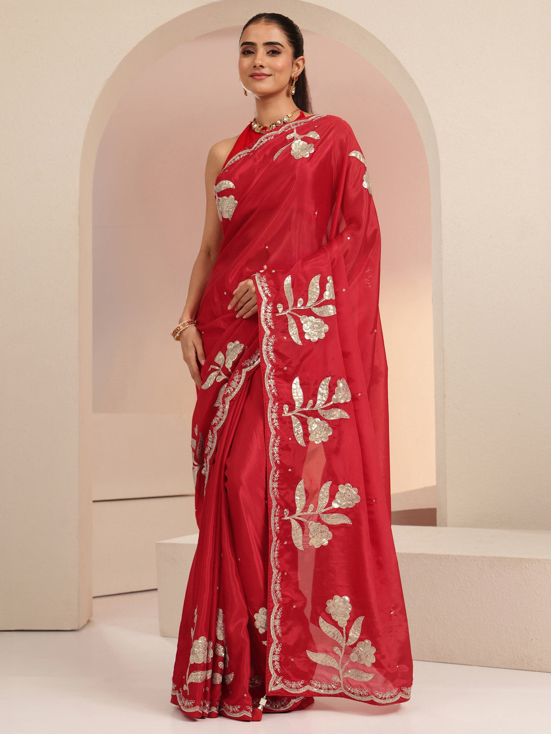 Libas Crimson Red Floral Embellished Satin Saree