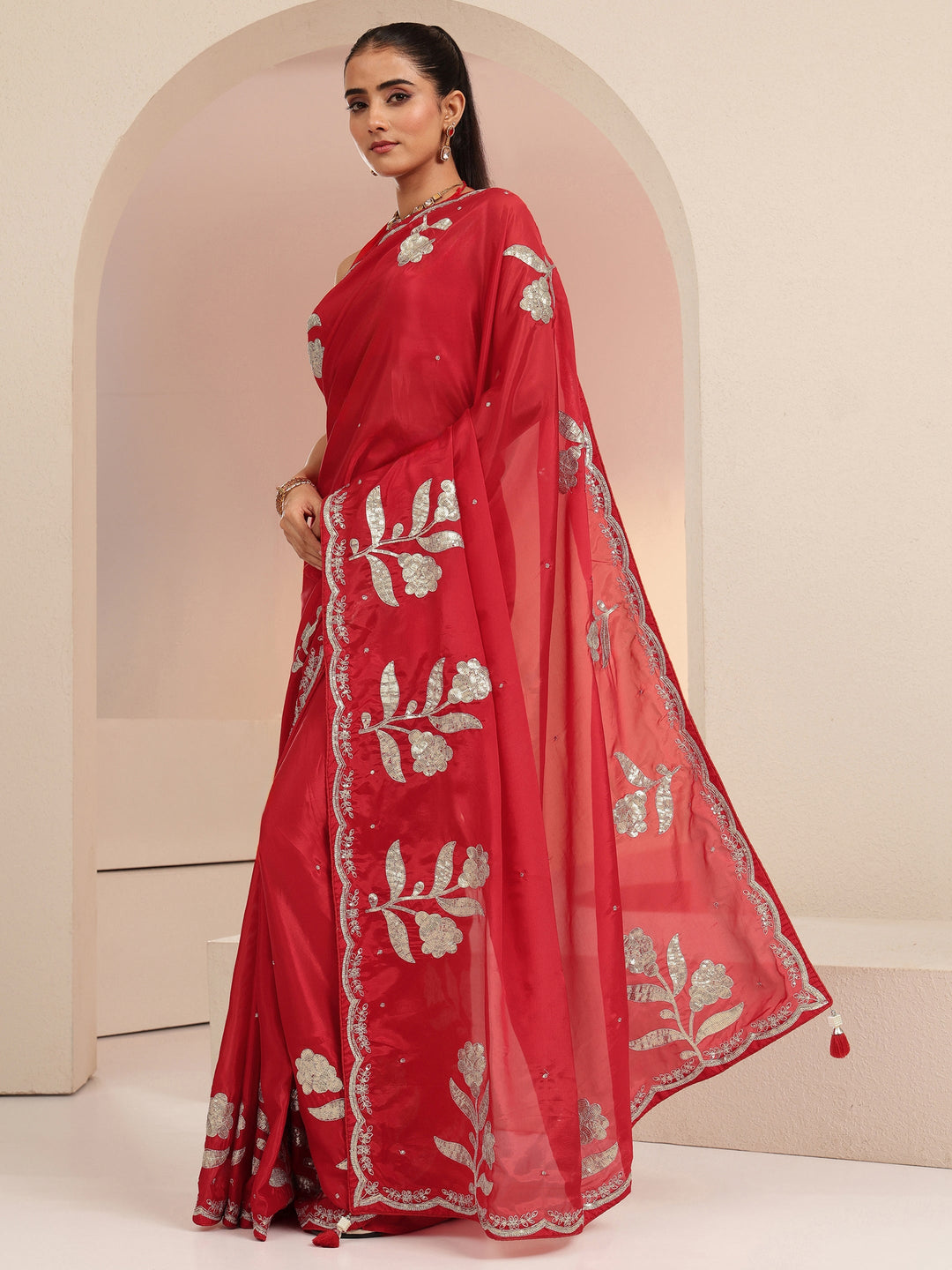 Libas Crimson Red Floral Embellished Satin Saree