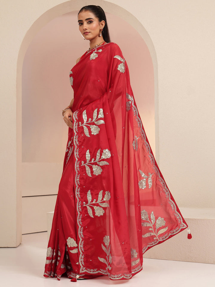 Libas Crimson Red Floral Embellished Satin Saree
