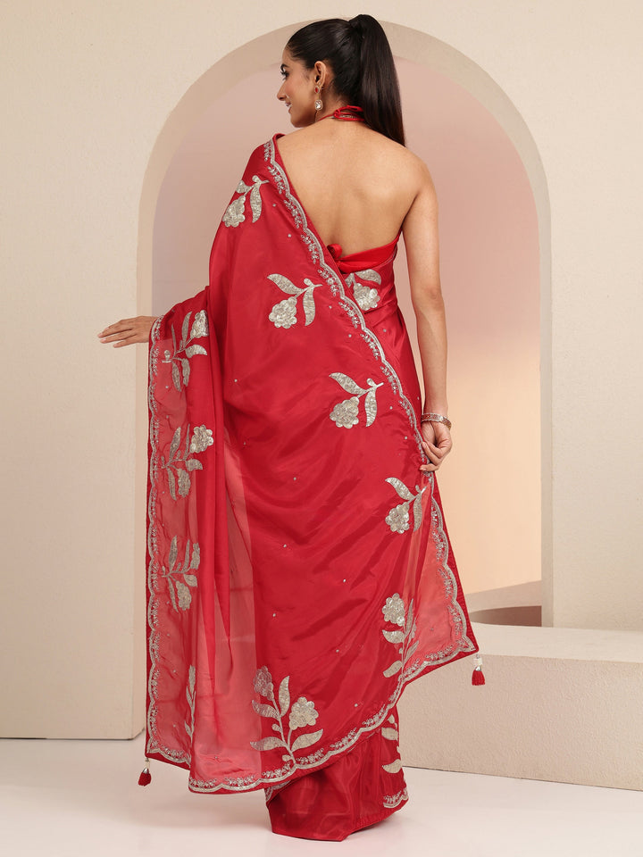 Libas Crimson Red Floral Embellished Satin Saree