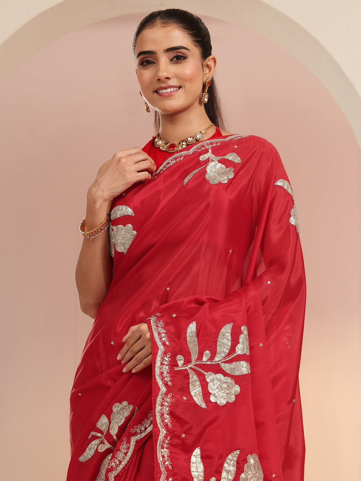 Libas Crimson Red Floral Embellished Satin Saree