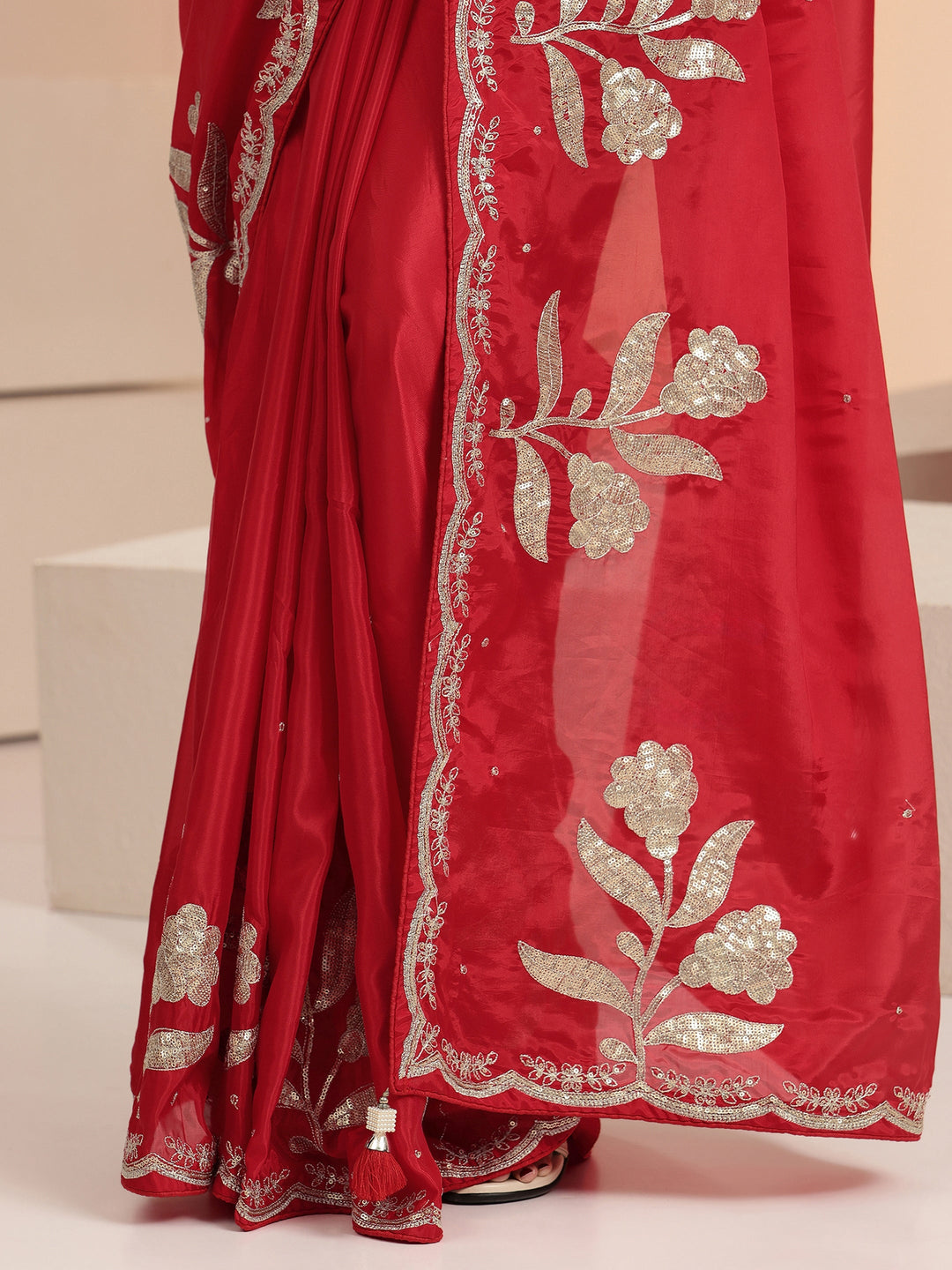 Libas Crimson Red Floral Embellished Satin Saree