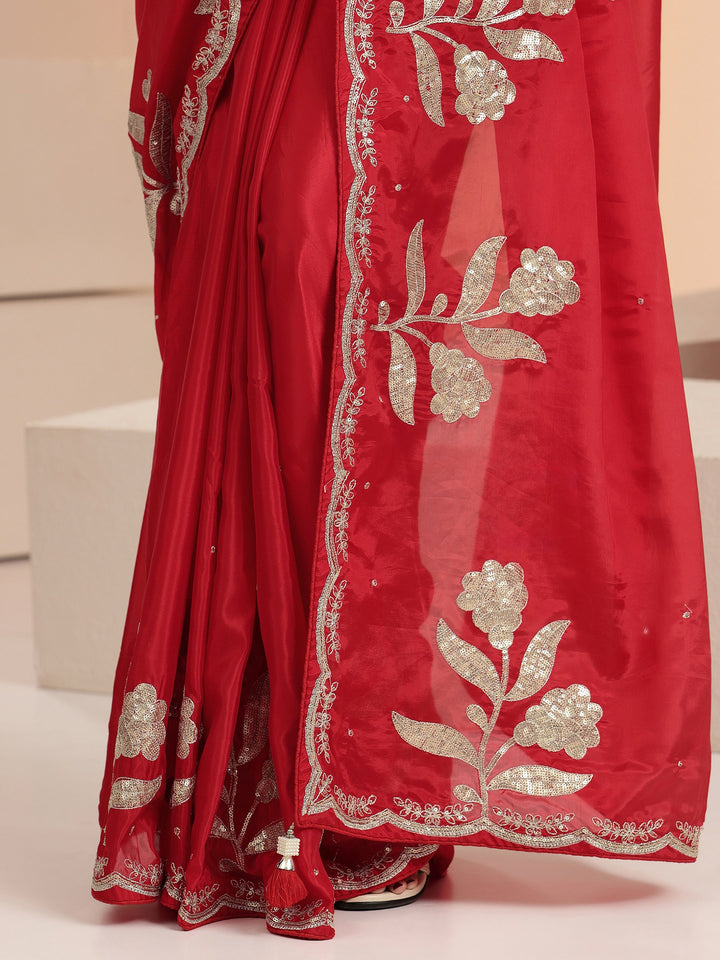 Libas Crimson Red Floral Embellished Satin Saree