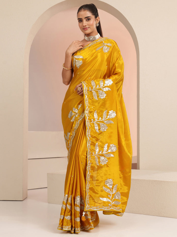 Libas Mustard Floral Embellished Satin Saree