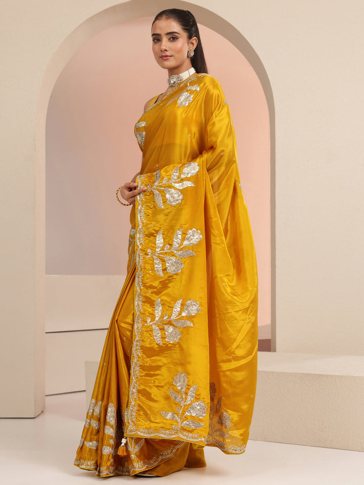 Libas Mustard Floral Embellished Satin Saree