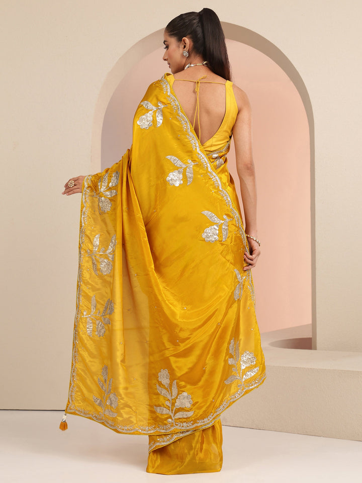 Libas Mustard Floral Embellished Satin Saree