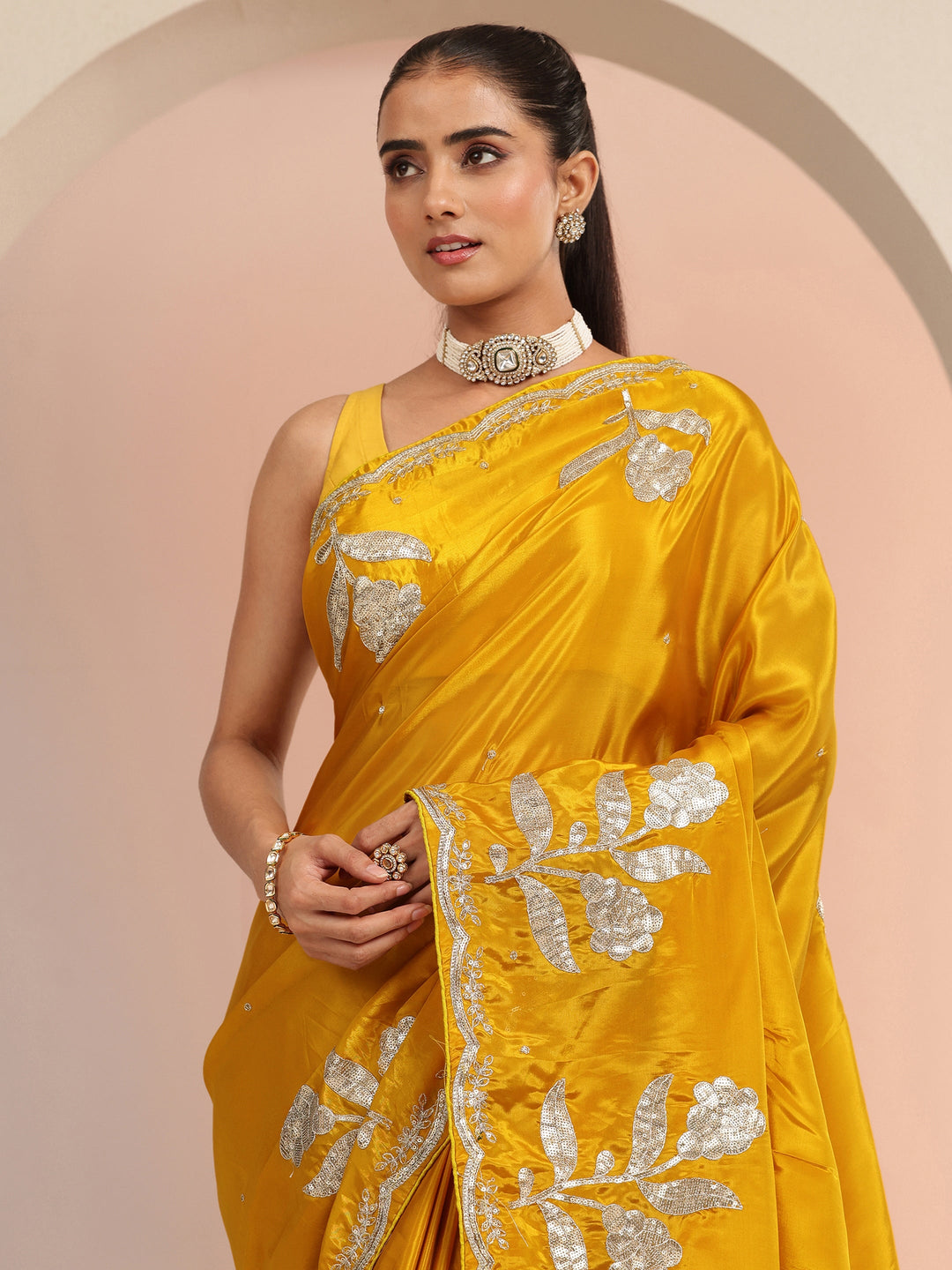 Libas Mustard Floral Embellished Satin Saree