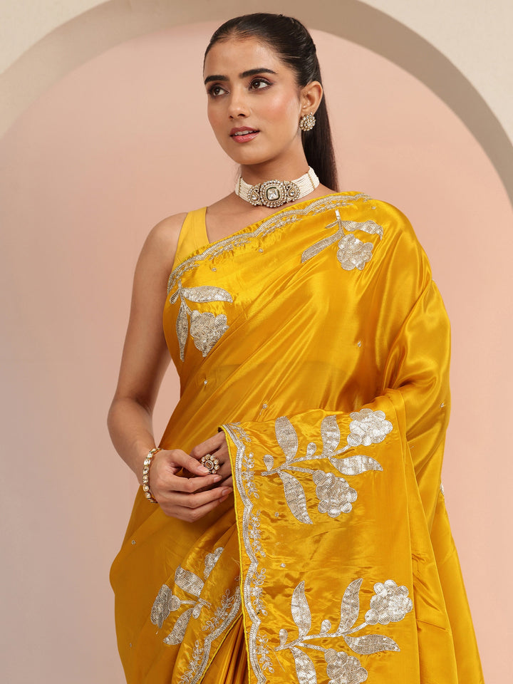 Libas Mustard Floral Embellished Satin Saree
