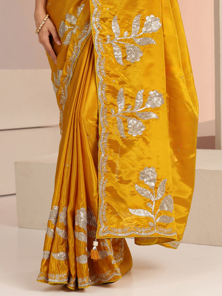 Libas Mustard Floral Embellished Satin Saree