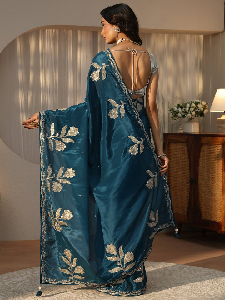 Teal Blue Floral Embellished Satin Saree
