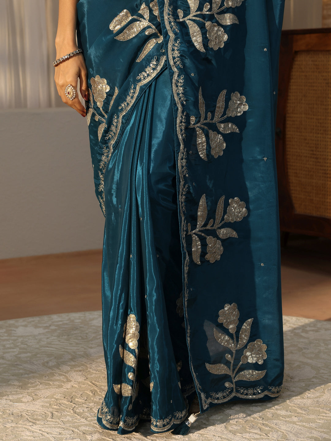 Teal Blue Floral Embellished Satin Saree