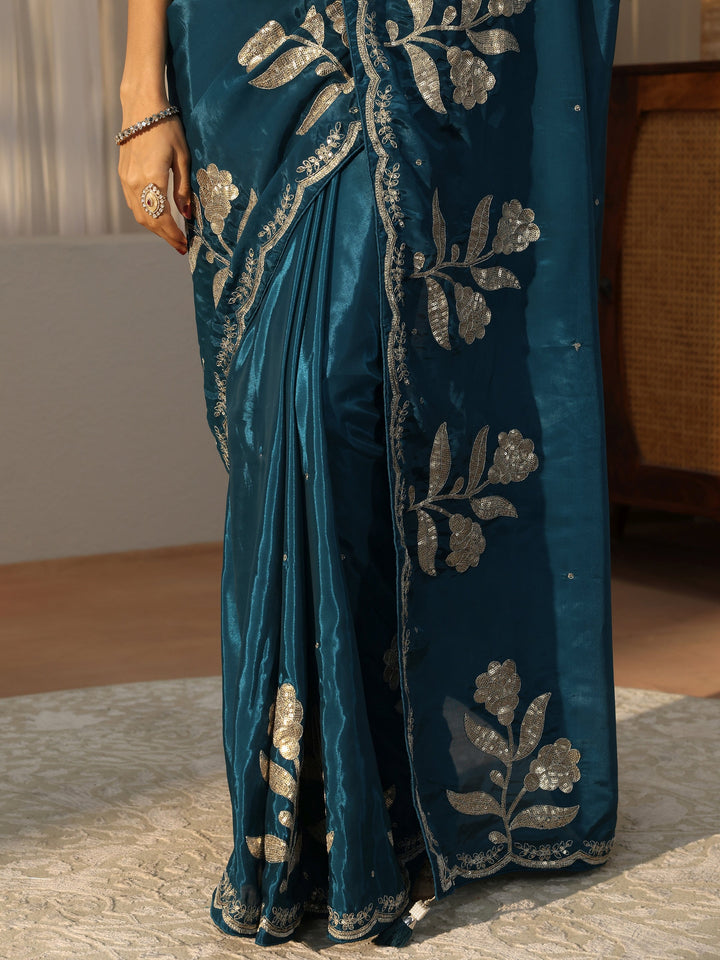 Teal Blue Floral Embellished Satin Saree