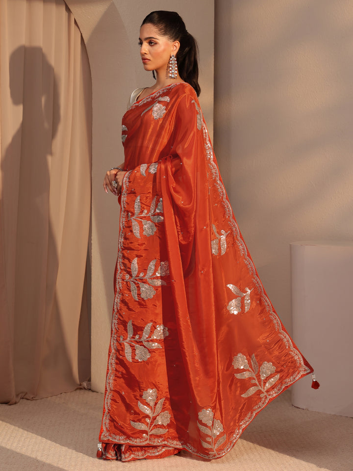Libas Orange Floral Embellished Satin Saree