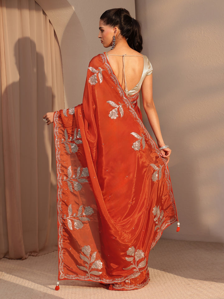 Libas Orange Floral Embellished Satin Saree