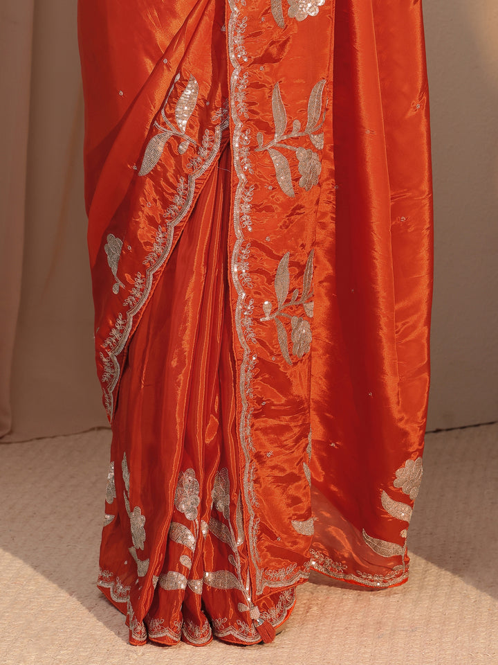 Libas Orange Floral Embellished Satin Saree