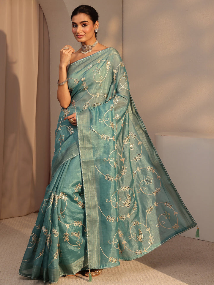 Libas Seafoam Blue Floral Embellished Tissue Saree