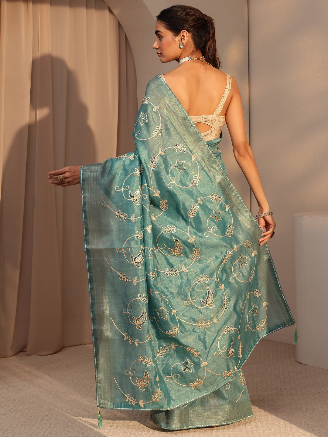 Libas Seafoam Blue Floral Embellished Tissue Saree