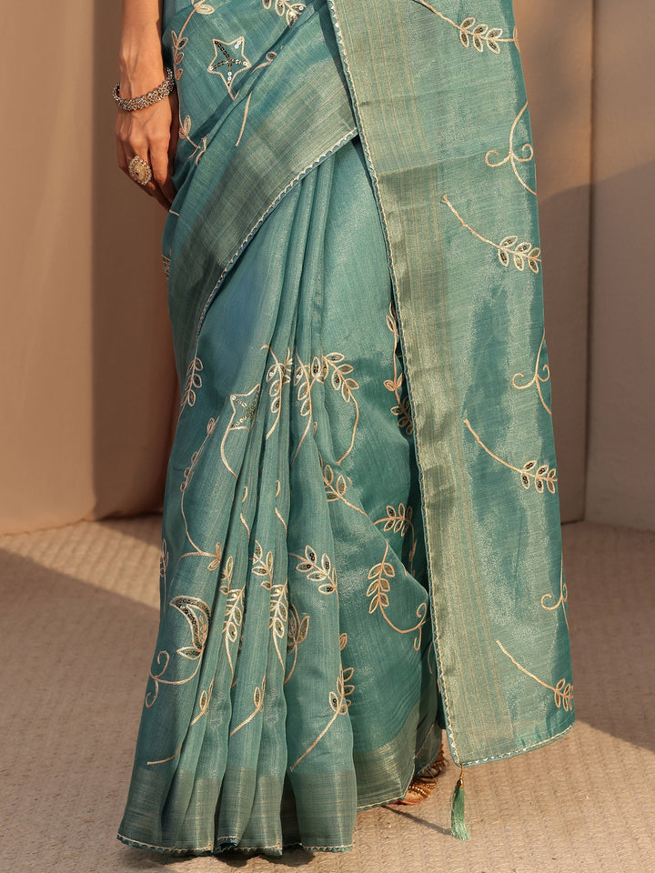 Libas Seafoam Blue Floral Embellished Tissue Saree