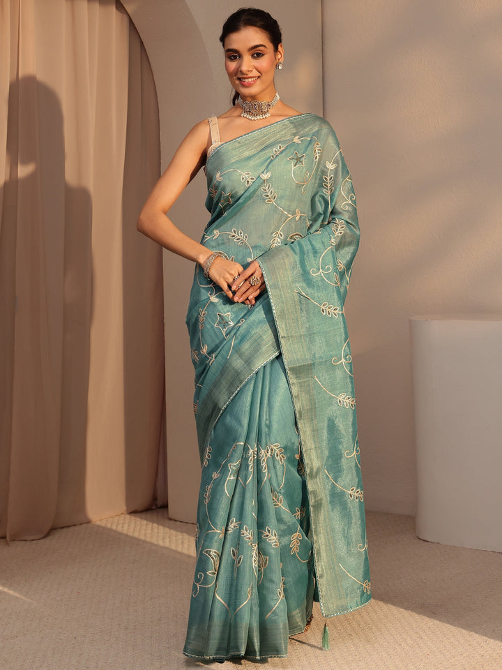 Libas Seafoam Blue Floral Embellished Tissue Saree