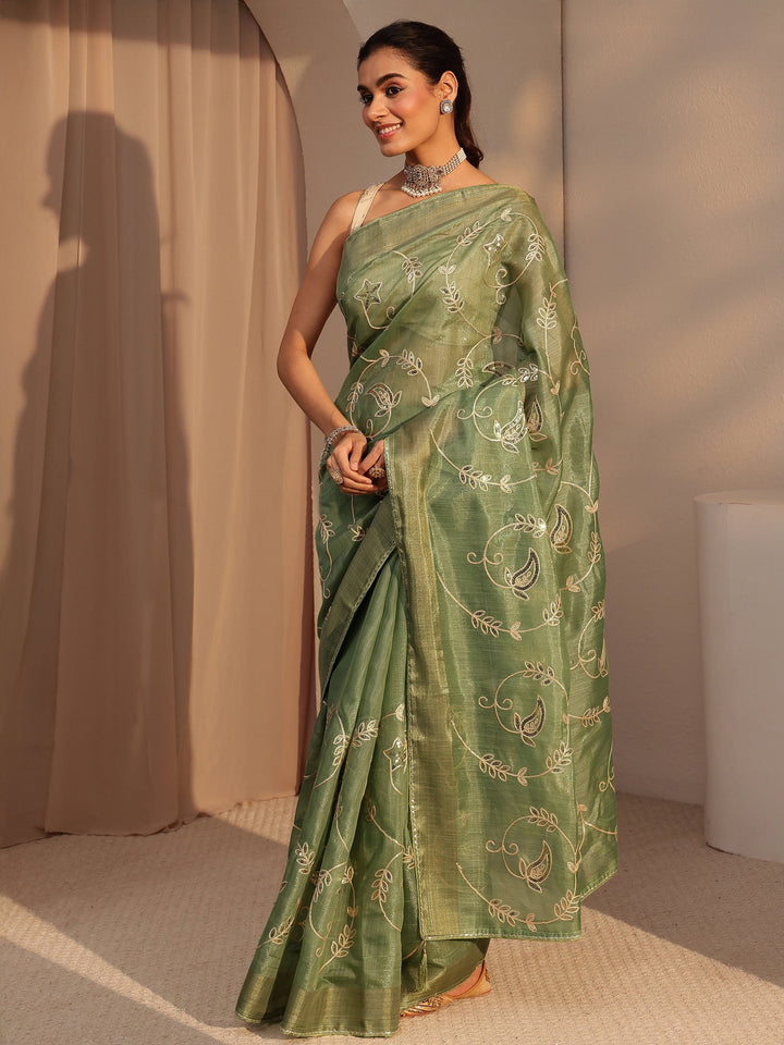 Libas Moss Green Floral Embellished Tissue Saree