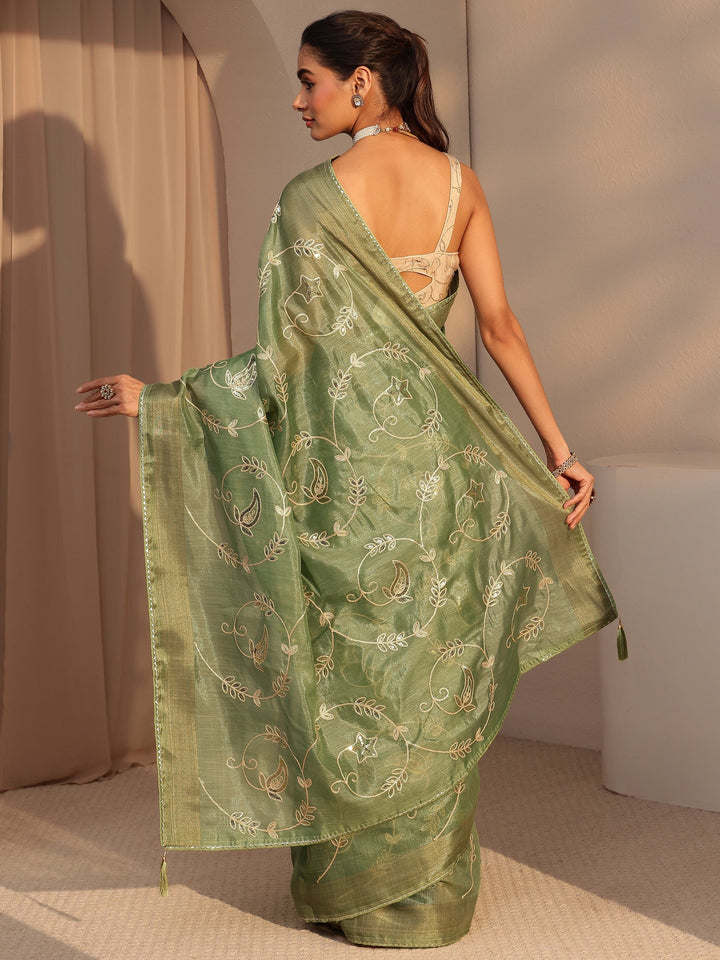 Libas Moss Green Floral Embellished Tissue Saree