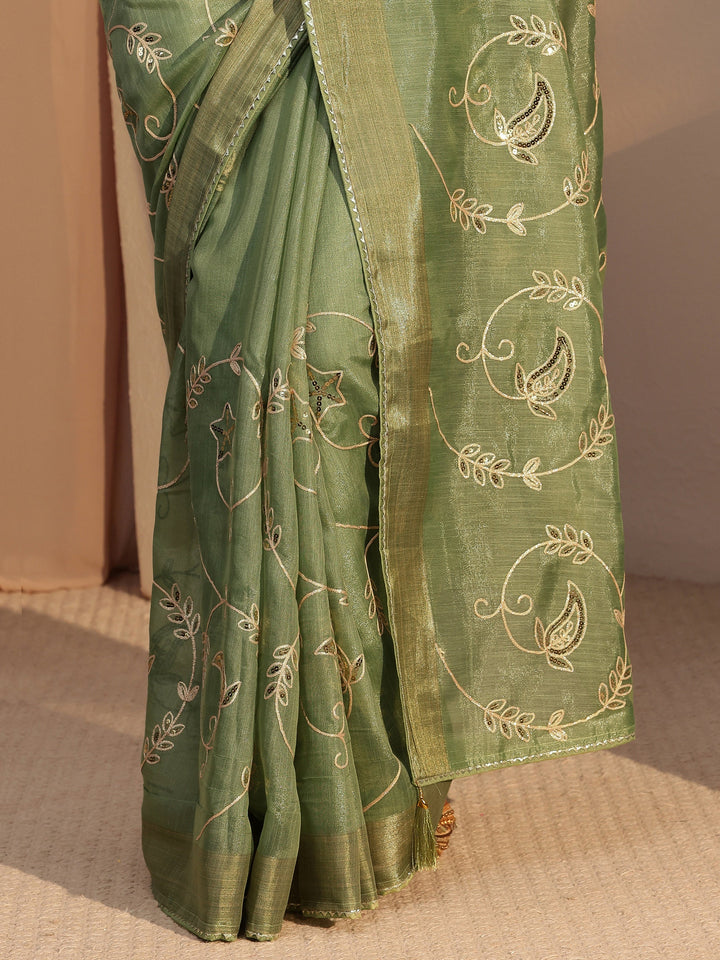 Libas Moss Green Floral Embellished Tissue Saree