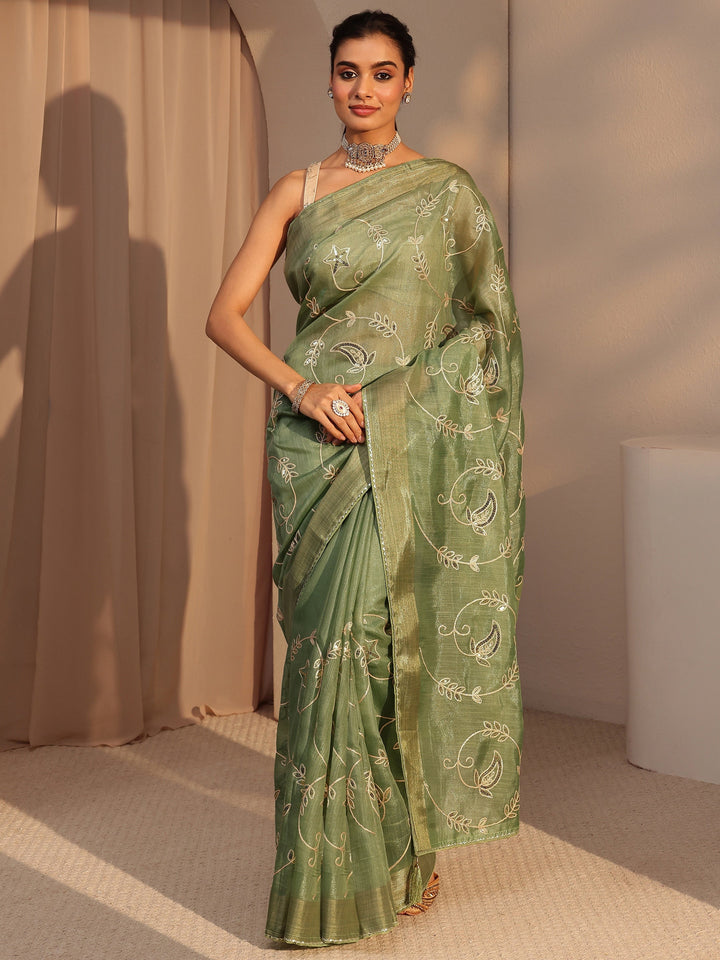 Libas Moss Green Floral Embellished Tissue Saree