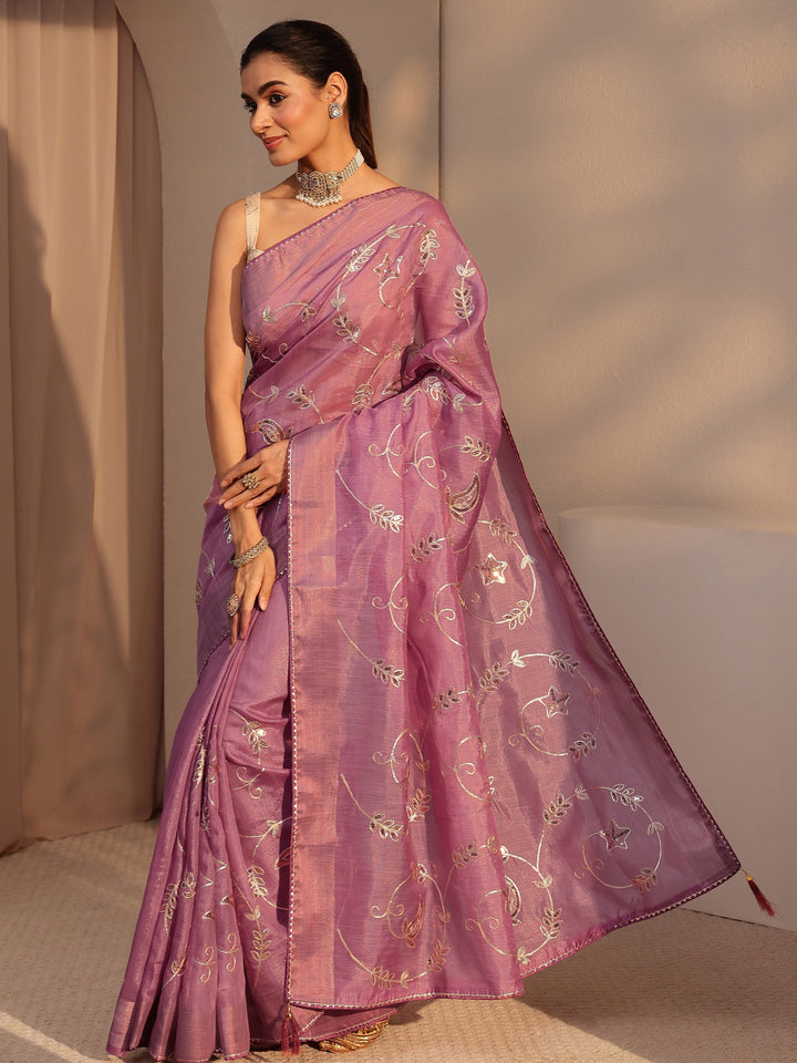 Libas Dusty Rose Pink Floral Embellished Tissue Saree