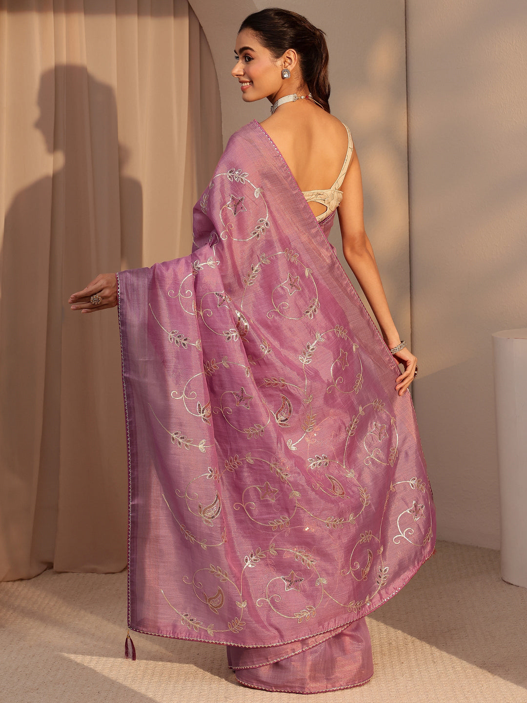 Libas Dusty Rose Pink Floral Embellished Tissue Saree