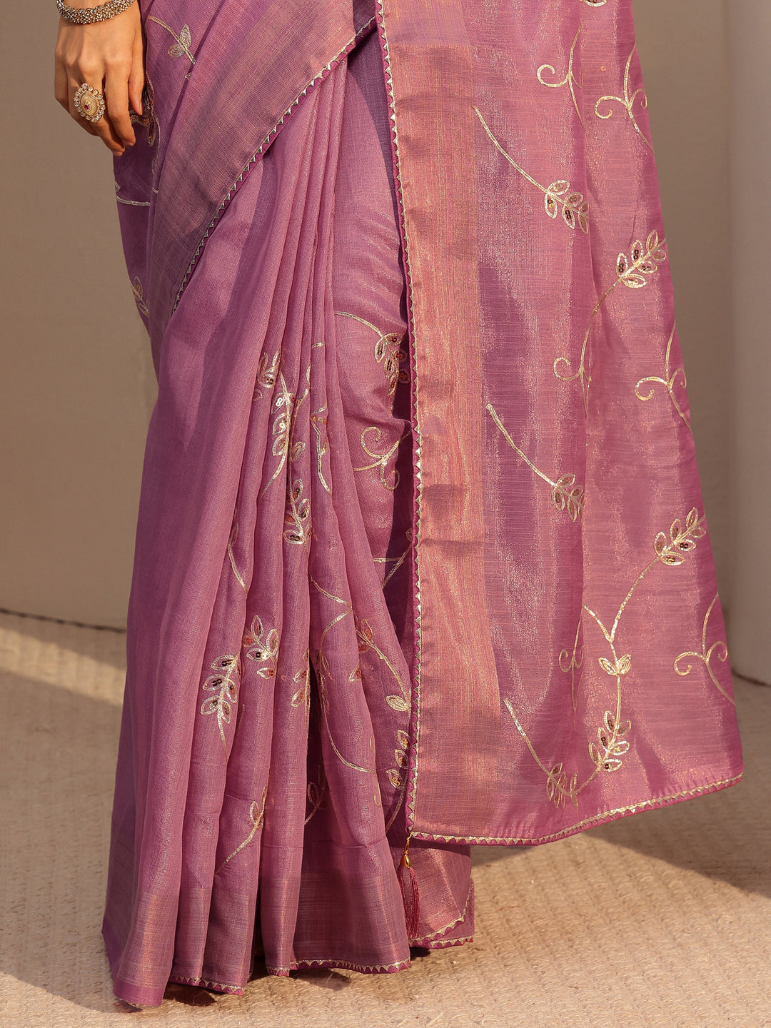 Libas Dusty Rose Pink Floral Embellished Tissue Saree