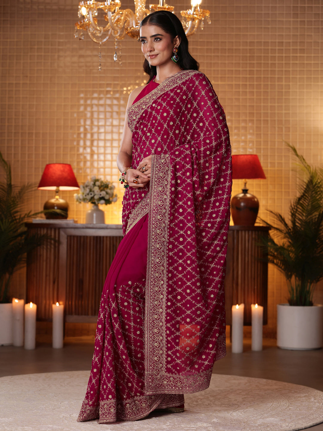 Libas Pink Floral Embroidered Georgette Saree