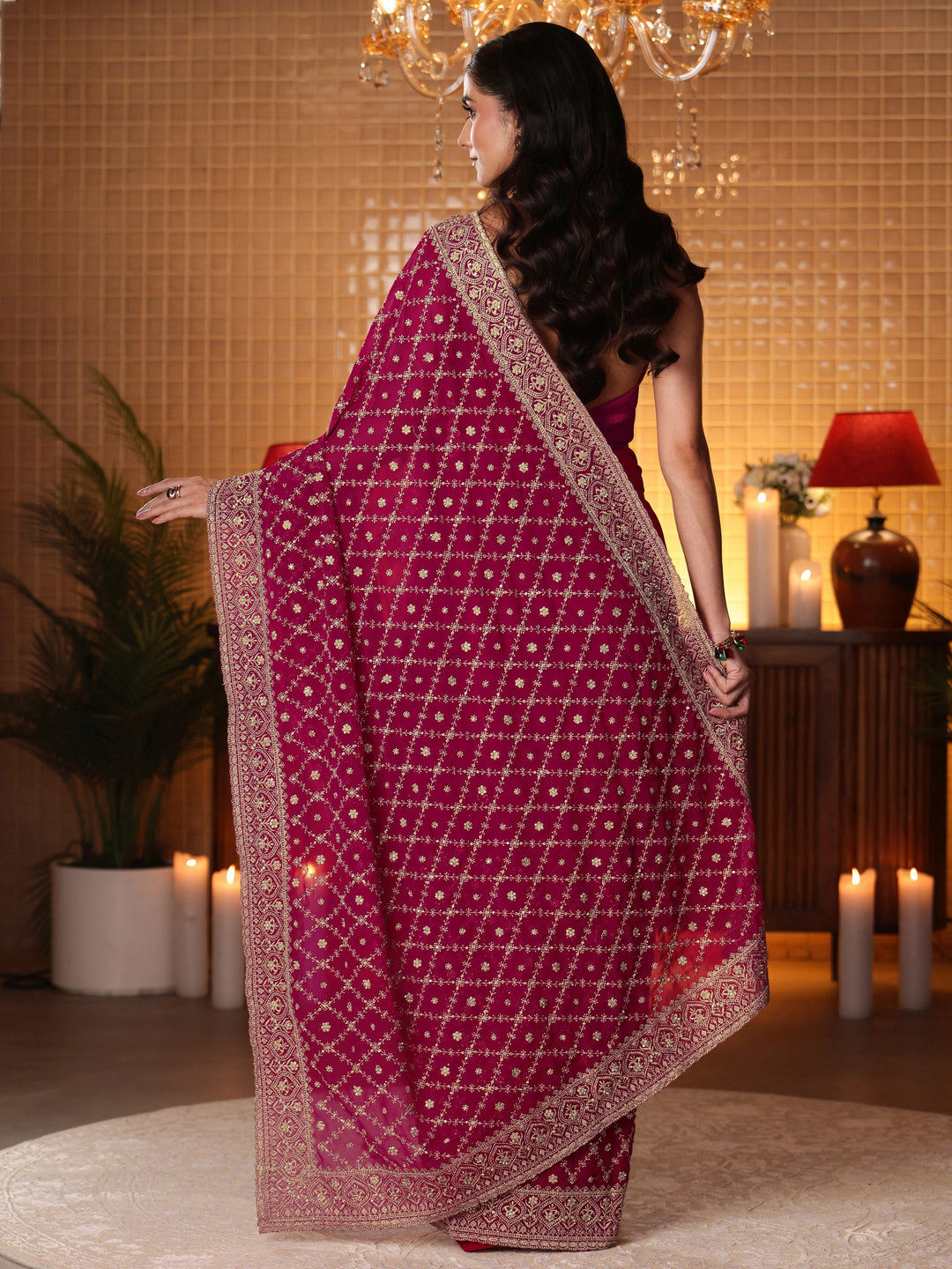 Libas Pink Floral Embroidered Georgette Saree