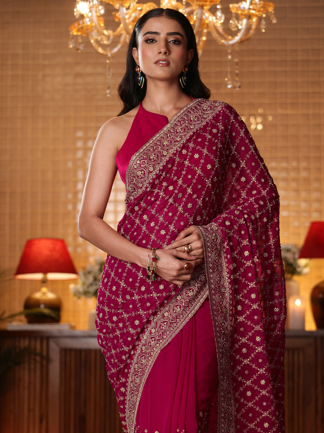 Libas Pink Floral Embroidered Georgette Saree