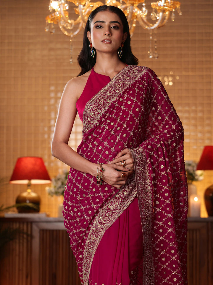 Libas Pink Floral Embroidered Georgette Saree