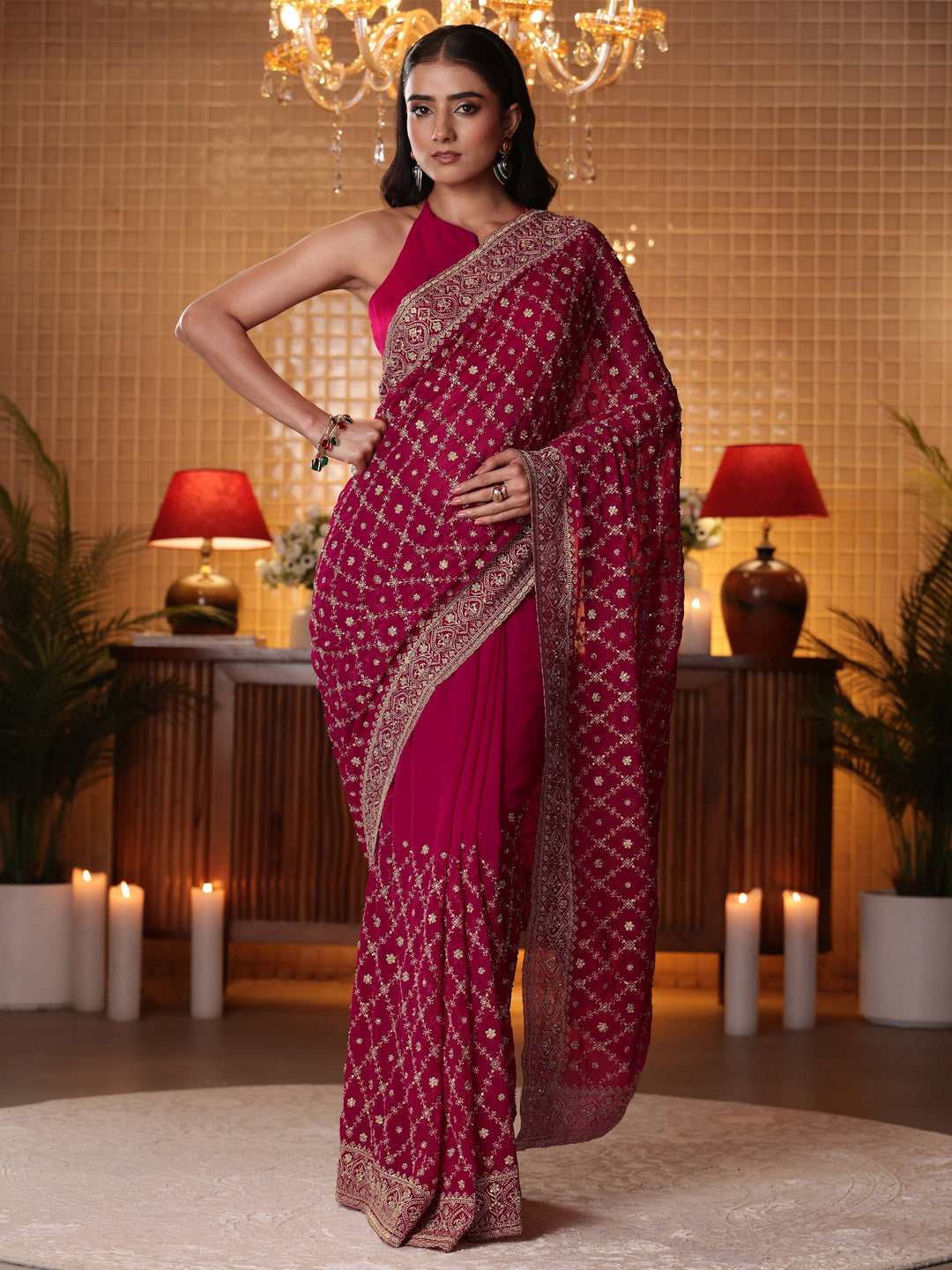 Libas Pink Floral Embroidered Georgette Saree