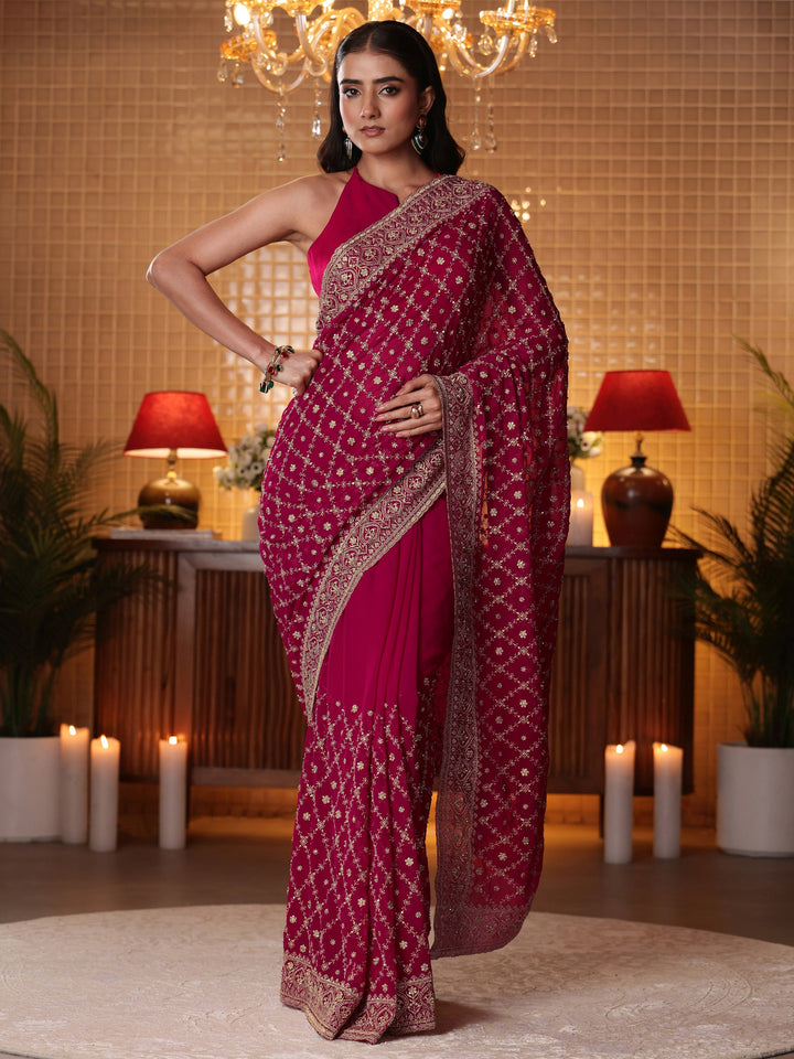Libas Pink Floral Embroidered Georgette Saree