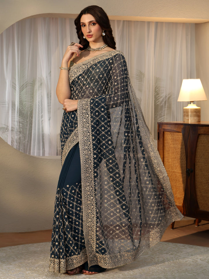 Libas Navy Blue Floral Embroidered Georgette Saree