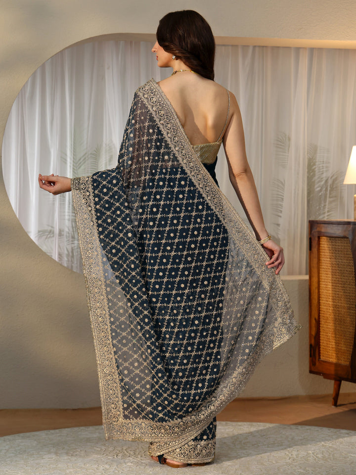Libas Navy Blue Floral Embroidered Georgette Saree