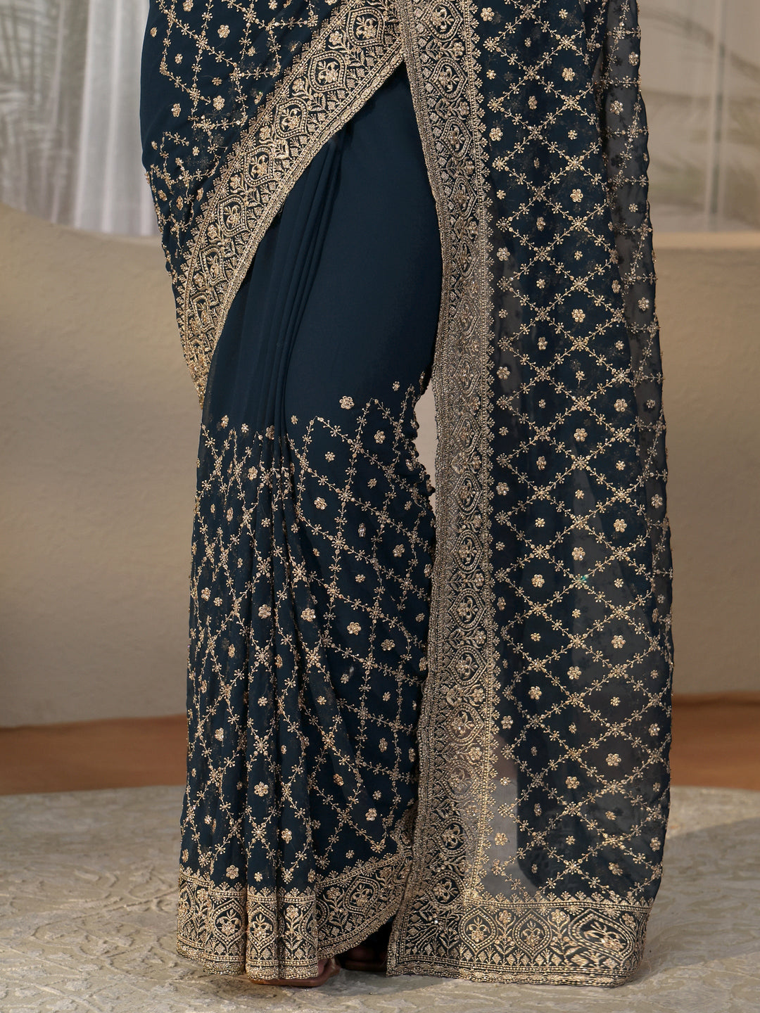 Libas Navy Blue Floral Embroidered Georgette Saree