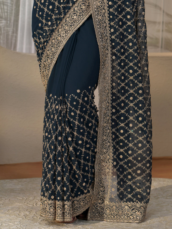 Libas Navy Blue Floral Embroidered Georgette Saree