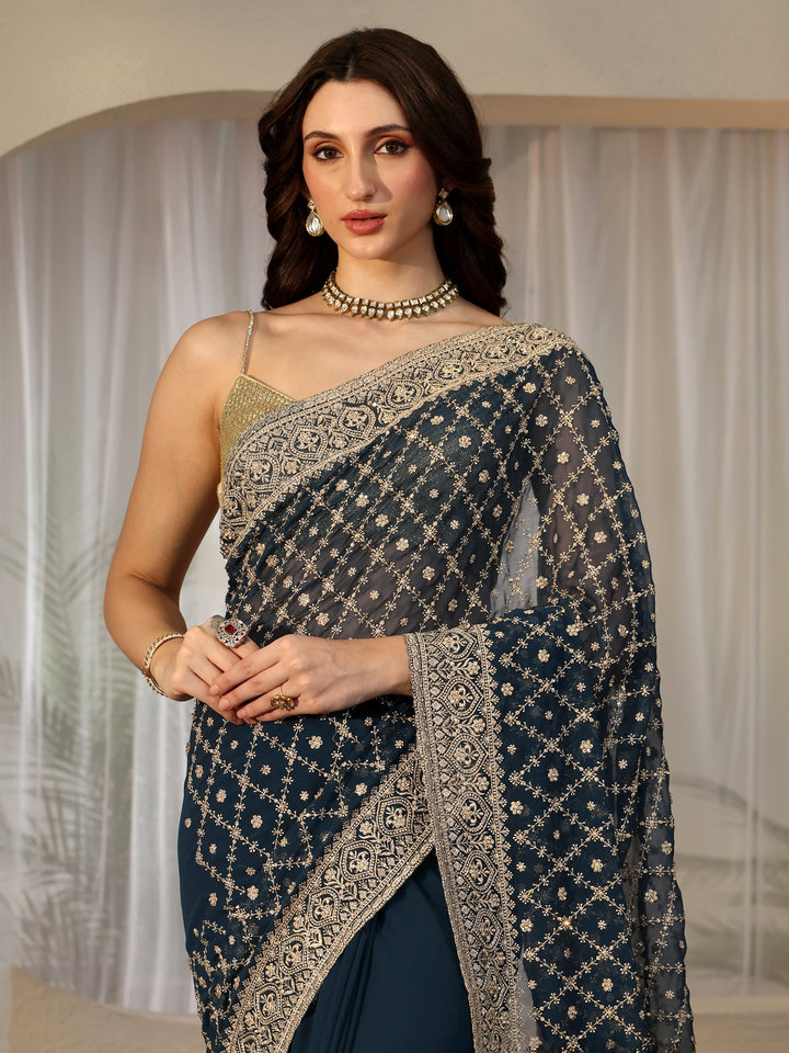 Libas Navy Blue Floral Embroidered Georgette Saree
