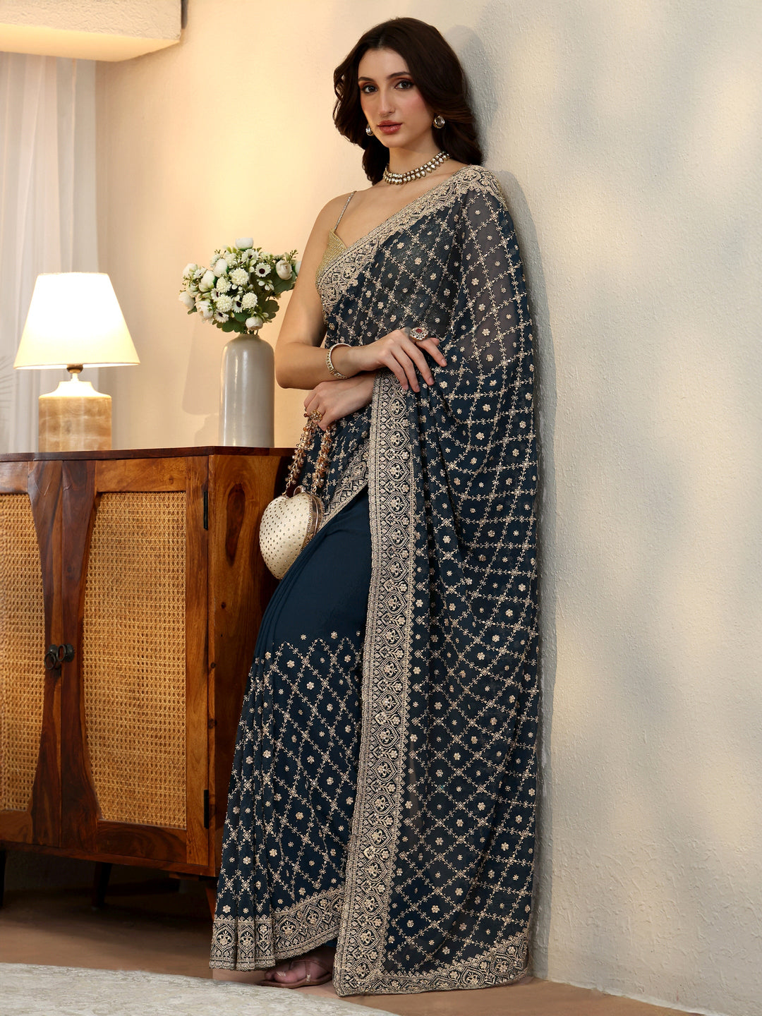 Libas Navy Blue Floral Embroidered Georgette Saree