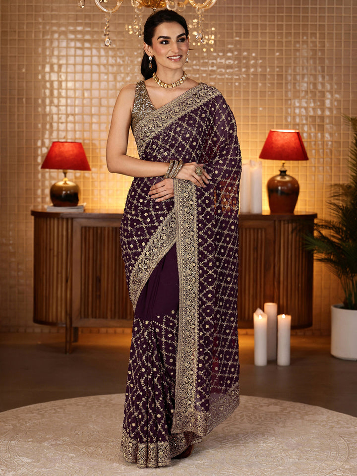 Libas Burgundy Floral Embroidered Georgette Saree