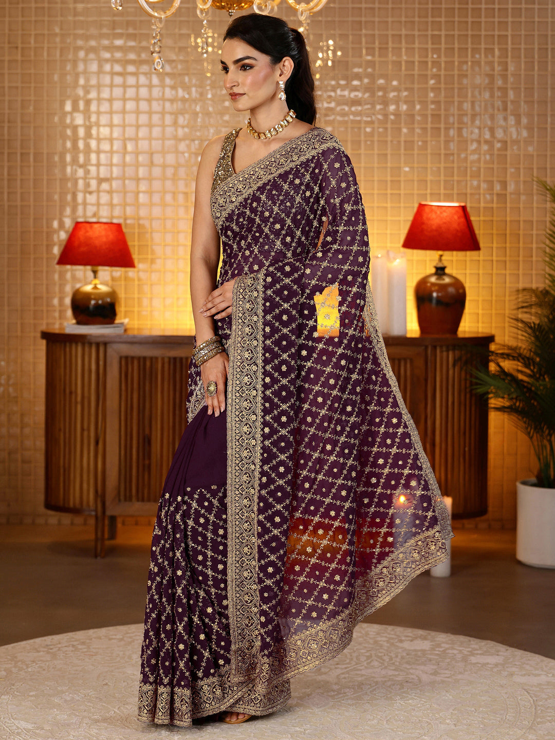 Libas Burgundy Floral Embroidered Georgette Saree