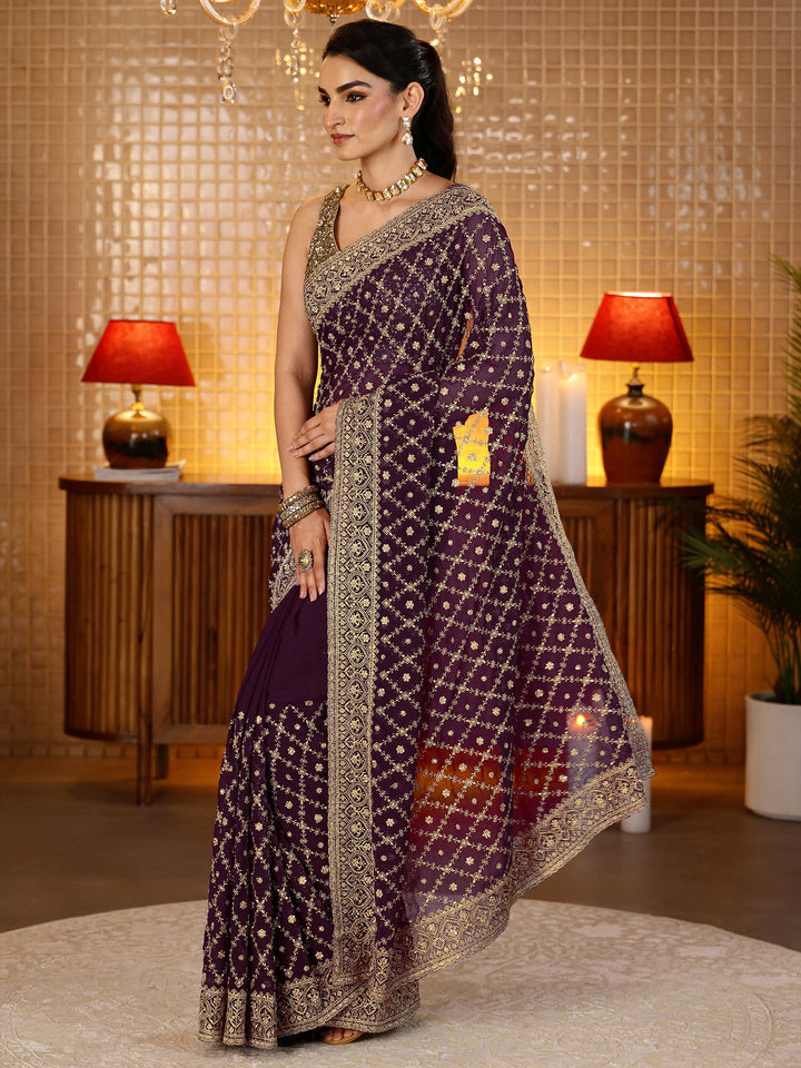Libas Burgundy Floral Embroidered Georgette Saree
